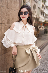 Women's Ivory Cold Shoulder Ruffle Blouse <b>Layered</b> Flounce Long Sleeve Chiffon Shirt Elegant Feminine Casual <b>Top</b> STELA - Product Image 3