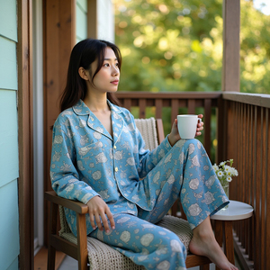Conjunto de ropa de dormir para mujer con estampado de pájaro azul, hermoso PJ con camisa y bolsillo de pantalón, transpirable, suelto, ancho, para niñas, ropa de noche - Product Image 5