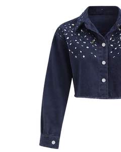 Veste en jean courte bleu marine personnalisée pour femme avec fermeture boutonnée sur le devant ornée de strass, manches longues, style streetwear tendance - Product Image 4
