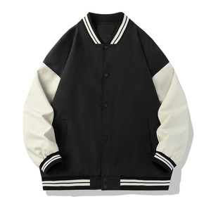 <b>Men's</b> <b>Black</b> And Cream Varsity Jacket Regular Fit Solid Color Button Closure Turn-down Collar Autumn Casual Wear - Product Image 1