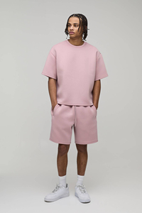 Cotton Fleece Sweat Shirt <b>Set</b> Crew Neck Solid Color Casual Summer Wear Short Sleeve Oversized Street Style Breathable For Men's - Product Image 3