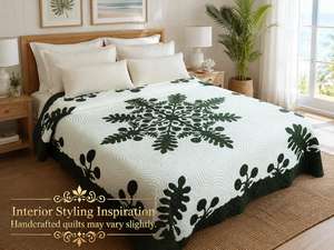 Colcha de Algodón con Apliques de Fruta del Pan, Diseño Botánico Hawaiano Personalizado, para Cama Queen/King, Acolchado a Mano, Ropa de Cama Estilo Retiro Isleño - Product Image 1