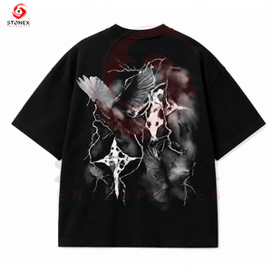 เสื้อยืดโอเวอร์ไซส์สีดำสำหรับผู้ชาย เสื้อยืดเนื้อหนาพิมพ์ลาย DTF ทรงหลวมสบายๆ สไตล์ลำลอง - Product Image 2