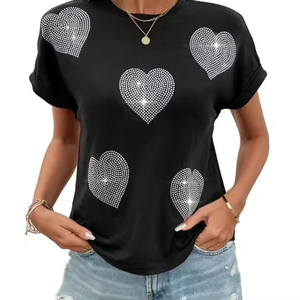Women's <b>Black</b> Rhinestone Heart Print Breathable High Quality T-Shirt Short Sleeve O-Neck Casual Regular Fit Jersey Cotton <b>Top</b> - Product Image 1