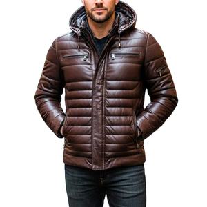 Chaqueta de Cuero Acolchada Hecha a Mano de Alta Calidad para Hombre, Chaqueta de Lona Marrón con Cuello Alto y Logotipo Frontal, Estilo Casual - Product Image 1