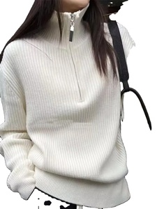 Women's Winter New Style Half Zipper Upolo <b>Turtle</b> <b>Neck</b> Hoodie Stylish Age-Reducing Grey Inner Knitted <b>Top</b> Pullover 100% Cotton - Product Image 2