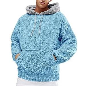 เสื้อสเวตเชิ้ตผู้ชายสีฟ้าอ่อนทรงโอเวอร์ไซส์มีฮู้ด ผ้าฟลีซ สีพื้น สวมใส่สบายสำหรับฤดูหนาว มีกระเป๋า ทรงปกติ แบบถัก - Product Image 1