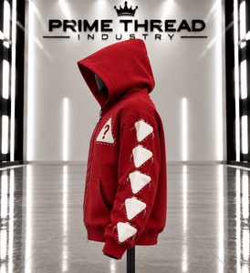 Wholesale Custom Men’s <b>Red</b> Zip Up Hoodie Distressed Applique Patch Hoodie Rhinestone Studded Sleeve Oversized Streetwear Hoodie - Product Image 2