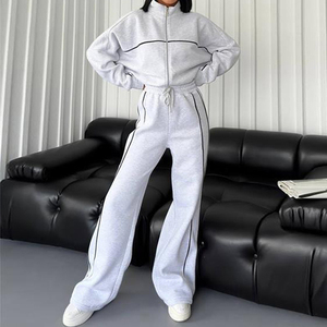 Winter <b>Zip</b> <b>up</b> Tracksuit Contrast Piping Front Logo Two Piece Athletic Set High Waist Flare Leg Joggers Stylish Women Sportswear - Product Image 5