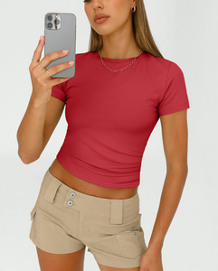 Camiseta de algodón de verano para mujer, informal, suave, transpirable, de manga corta, lisa, con logotipo personalizado, a la moda. - Product Image 3