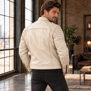 Chaqueta de cuero color marfil para hombre con cierre y hombros acolchados, chaqueta de motociclista color marfil para hombre con detalles acolchados. - Product Image 2