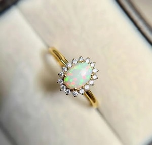 White <b>Opal</b> Halo <b>Engagement</b> <b>Ring</b>-Trendy 18K Gold Plated Silver <b>Ring</b> with Prong Set Round Brilliant Cut Diamonds - Product Image 2