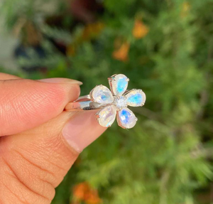 Flower Shape <b>Opal</b> Gemstone <b>Ring</b> in 925 <b>Silver</b> Prong Setting Romantic Style Women's Everyday Wear Jewelry - Product Image 4