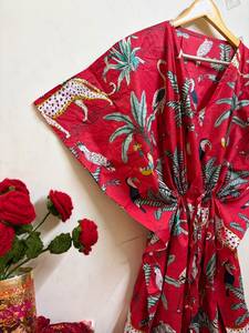 100% Cotton Jungle Safari Straight Floral Print <b>Kaftan</b> Dress <b>Beach</b> Cover up Boho Resort Wear Women's Summer Maxi - Product Image 2