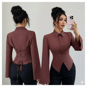 Blusa de mujer con cordones en la espalda, cintura fruncida y mangas acampanadas, tejida sin elasticidad. - Product Image 1