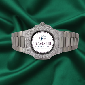 นาฬิกาข้อมือ Pragalbh Jewels หรูหรา ประดับเพชรแบบ Iced Out Pave Setting ระบบควอตซ์ สายสแตนเลส สำหรับผู้ชายและผู้หญิง - Product Image 1