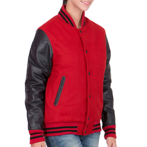 Veste universitaire rouge avec manches en PU, coupe classique, style preppy, col rabattu, simple boutonnage, unisexe, pour l'automne - Product Image 3