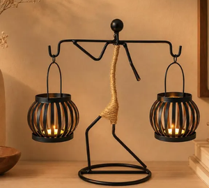 Nordic Ethnic Style Black Iron Human Statue Candle Stand – Vintage Jute Rope Wrapped African Figurine <b>Tealight</b> <b>Lantern</b> Holder - Product Image 1