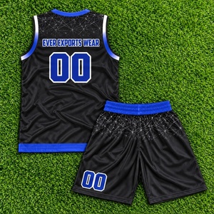 Ensemble d'uniformes de basketball sur mesure noir et bleu, maillot sans manches à col en V et short en polyester, sublimation, numéro, tenue d'entraînement - Product Image 2