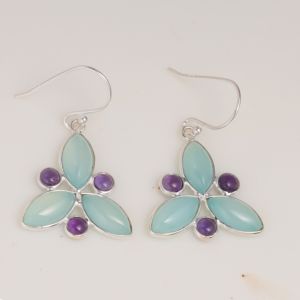 Pendientes Colgantes de Calcedonia Azul Natural y Amatista, Plata de Ley 925, Hechos a Mano, con Forma de Flor, Regalo para Mujer - Product Image 3