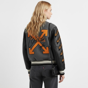 Wholesale Custom Men's Y2K Varsity <b>Jacket</b> Heavyweight Wool Blend <b>Grey</b> Bomber Orange Chenille Patches Leather Sleeves - Product Image 5