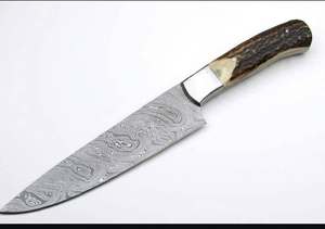 Cuchillo de chef de cocina de acero de Damasco personalizado al por mayor con mango de asta de ciervo de espiga completa y refuerzo de acero - Product Image 5