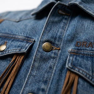 Veste en jean bleue personnalisée avec franges en daim, fabricant OEM de vêtements western, fournisseur d'usine de vêtements d'extérieur vierges en gros - Product Image 6