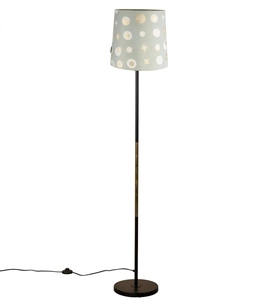 Lampe sur pied moderne en métal noir fin pour salon et chambre à coucher, avec abat-jour en tissu imprimé couleur gris doré - Product Image 1