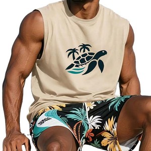 Débardeur beige sans manches pour homme avec imprimé tortue et palmier, col rond, décontracté, respirant, tricoté, pour l'été - Product Image 6