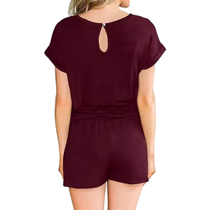 Women's Solid Color <b>Knitted</b> Short Sleeve Romper <b>Set</b> With Pockets Loose Fit O-Neck Casual Summer Wear - Product Image 5