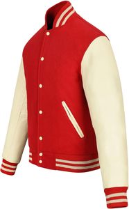 <b>Men's</b> Red Varsity <b>Jacket</b> With <b>Cream</b> Sleeves And Striped Cuffs Casual PU Leather Letterman <b>Jacket</b> Autumn Wear - Product Image 2