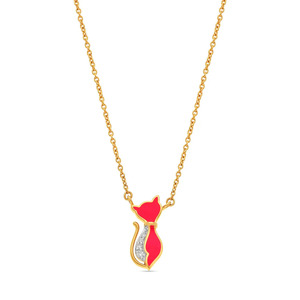 Playful Red <b>Cat</b> Diamond Pendant <b>Necklace</b> with Curved Tail Sparkle Detail - Product Image 2