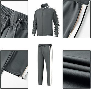 Ensemble de survêtement gris uni pour homme, manches longues, col montant, fermeture éclair, pantalon de jogging sportif avec poches latérales, polyester respirant, vêtements d'automne - Product Image 4