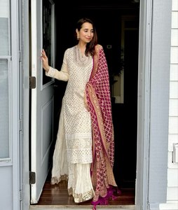 Conjunto de Salwar Kameez Tradicional Bordado en Blanco, Kurta Larga, Palazzo y Dupatta para Bodas, Graduaciones, Diwali y Fiestas, de Secado Rápido para Mujer - Product Image 2