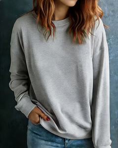 Women's Gray Crewneck Sweatshirt Long Sleeve Casual Fleece Solid Color Polyester/Cotton Eco-Friendly Winter Wear - Product Image 3