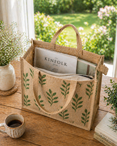 Sac fourre-tout surdimensionné en jute naturel avec imprimé feuilles, écologique, réutilisable pour les courses et polyvalent, fermeture ouverte - Product Image 1