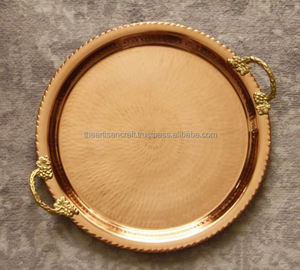 ถาดทองแดงสำหรับเสิร์ฟแบบแฮนด์เมดถาดกลมตกแต่งสไตล์วินเทจขนาดใหญ่ใช้มือทุบด้วยงานฝีมือตามธรรมชาติ - Product Image 3