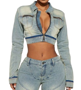 Tops de mezclilla de alta calidad para mujer, de manga larga, estilo cropped, con capucha, estilo urbano, nueva moda. - Product Image 1