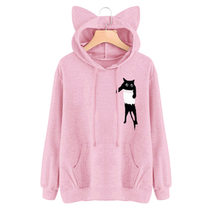 Sweat-shirt décontracté en coton noir pour femme, avec oreilles de chat, imprimé dessin animé, poche avant, vente en gros, best-seller, personnalisable, hiver uni - Product Image 5