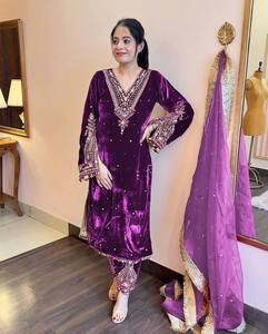 <b>Women's</b> <b>Velvet</b> Salwar Kameez Suit Set Embroidered Sequin Rivet Dupatta Burgundy Pakistani Indian Formal Wear - Product Image 4