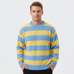 Pull en tricot rayé bleu et jaune pour homme, confortable, manches régulières, vêtement décontracté d'automne, 100% acrylique, 280g, poignets côtelés - Product Image 4