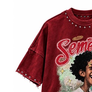 T-shirt en coton rouge coupe classique Semetal Ready to Win avec clous décoratifs sur le devant, style streetwear, col rond, manches courtes, éco-responsable pour homme - Product Image 3