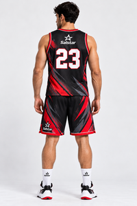 Ensemble de maillots de basket-ball pour hommes, sans manches, col en v, respirant, noir et rouge, uniforme d'équipe avec logos personnalisés des sponsors du club, noms et numéros - Product Image 4