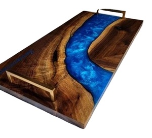 Nuevo mejor diseño de madera de resina epoxi hecha a mano bandeja para servir río bandeja de Arte de resina azul oscuro de la India - Product Image 1