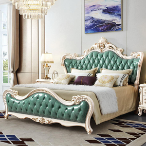 Luxury European Style Green Headmaster King Size <b>Bed</b> <b>Frame</b> Hand Carved Mahogany Classic Master Bedroom Furniture Set - Product Image 1