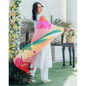 Conjunto de Traje de Chifón para Mujer Chaaya, Blanco, 100% Poliéster, Transpirable, Estampado por Sublimación, Elegante, Estilo Étnico, Kurta, Dupatta, para Fiesta - Product Image 5