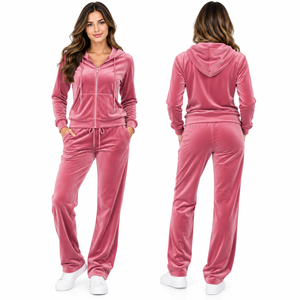 Conjunto Deportivo de Terciopelo Rosa para Mujer, con Capucha, Corte Holgado, Casual, para Todas las Temporadas, 2 Piezas, Manga Larga, Pantalones Deportivos de Velour - Product Image 3