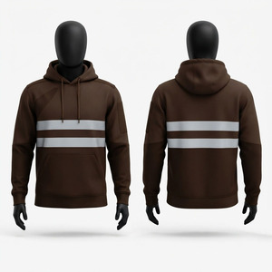 Premium 320 GSM 100% Cotton <b>Fleece</b> <b>Zip</b>-<b>Up</b> <b>Hoodie</b> Brown Reflective Safety Strips Custom Logo Hooded Sweatshirt Workwear - Product Image 1