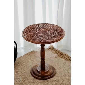 Table d'appoint ronde en bois de Sheesham sculpté à la main, design contemporain, installation sur plateau |   Vente en gros d'artisanat de Moradabad - Product Image 3