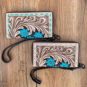 กระเป๋าสตางค์หนังแท้แบบถือสลักลายดอกไม้เทอร์ควอยซ์กระเป๋าสตางค์อเนกประสงค์สำหรับผู้หญิง - Product Image 3